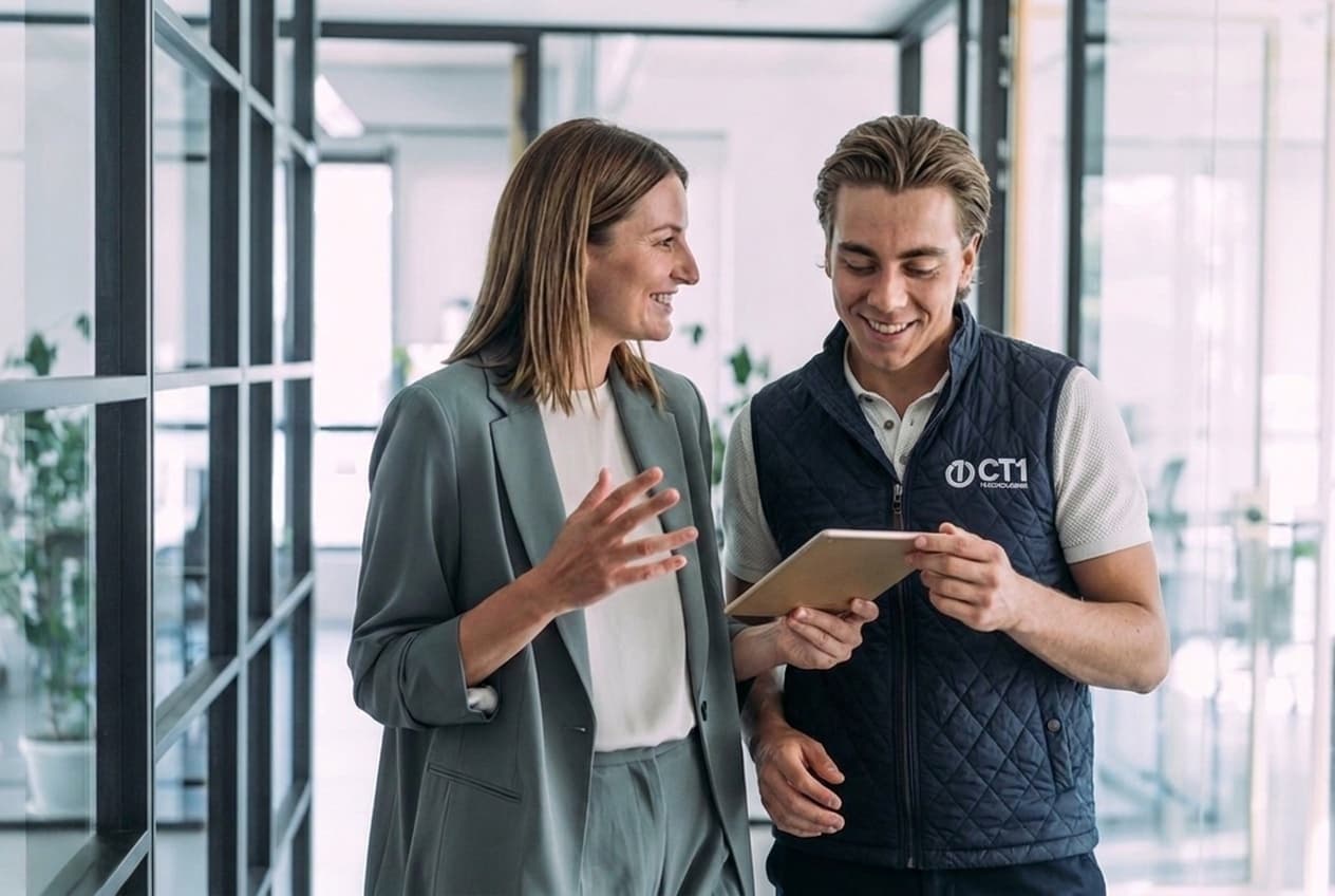 CT1 engineer walking a client through work on a tablet